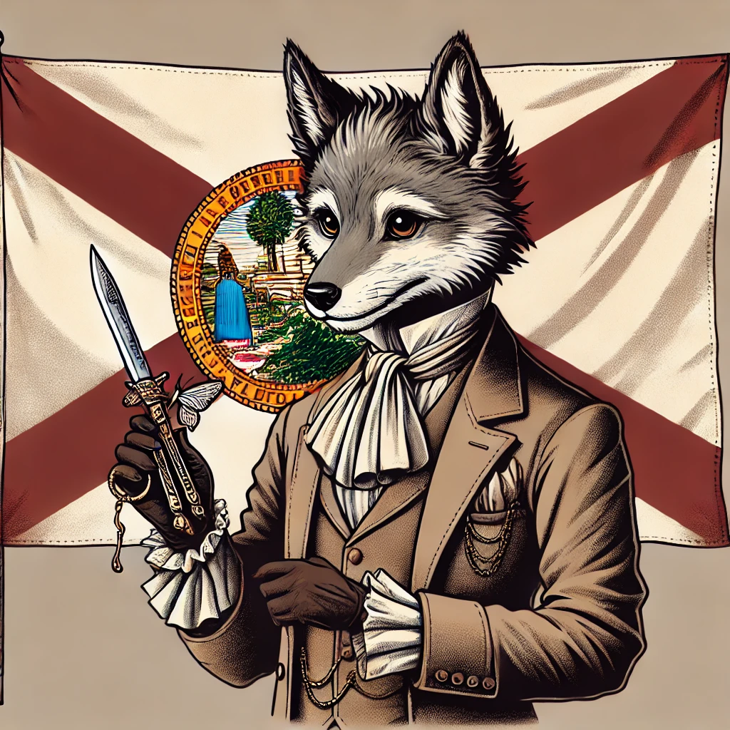 Victorian-style cartoon of an anthropomorphic wolf holding a butterfly knife with the Florida state flag in the background, illustrating the question: Are butterfly knives illegal in Florida?