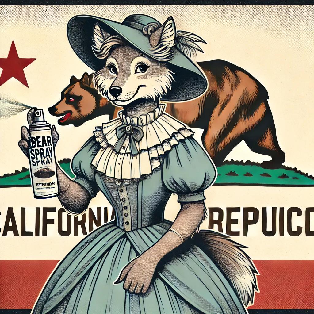 Victorian-style cartoon of an anthropomorphic female wolf holding bear spray with the California flag in the background, focusing on the keyword 'Is bear spray legal in California?