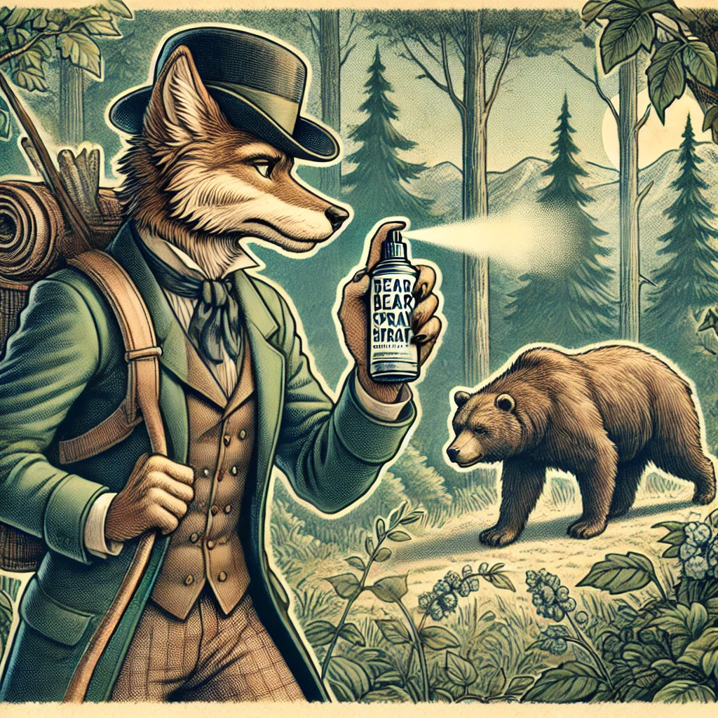 Victorian-style cartoon of a female anthropomorphic wolf hiker holding bear spray in a forest, with a bear in the background for the blog post ear Spray Legality in the U.S.: A Comprehensive State-by-State Overview.