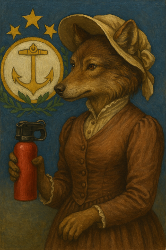 Is Bear Spray Legal in Rhode Island? Everything You Need to Know—Victorian cartoon of a female wolf with bear spray in RI wilderness, state seal behind.