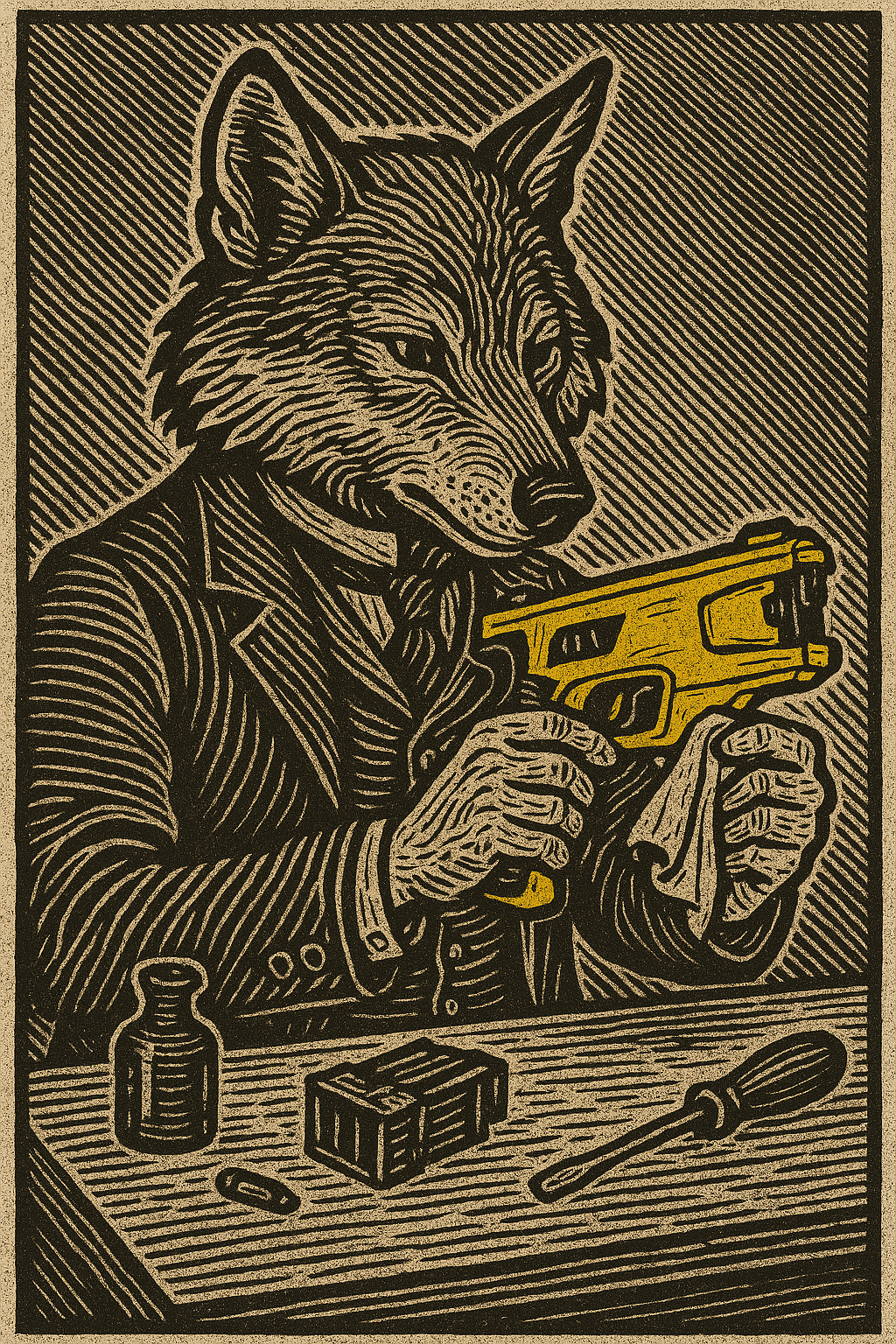 Victorian-style woodcut of an anthropomorphic wolf in grayscale cleaning a yellow taser, symbolizing proper stun gun maintenance and care.