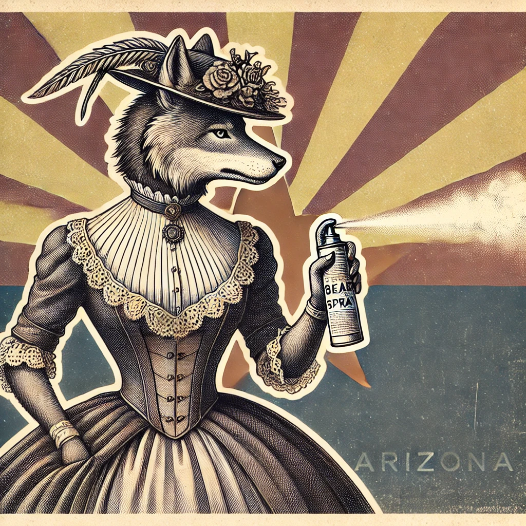 Vintage-style illustration of an anthropomorphic female wolf in Victorian attire using bear spray, set against the Arizona state flag. A muted, antique color palette enhances the classic engraved advertisement look."