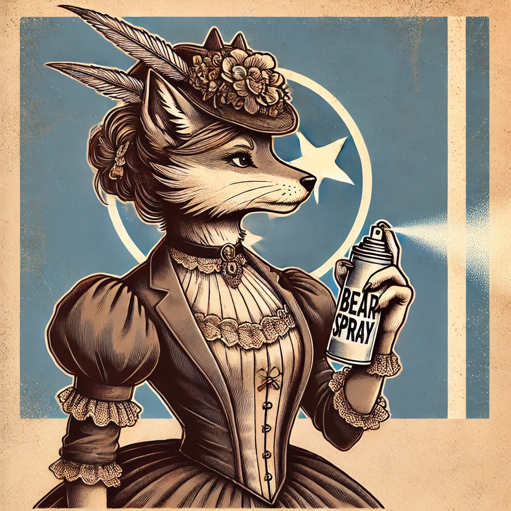 Cartoon-style vintage illustration of an anthropomorphic female wolf in Victorian attire holding a can of bear spray, with the Tennessee state flag in the background. The image has an old-fashioned, hand-drawn aesthetic with a muted, antique color palette. The bear spray mist is visibly dispersing away from her, emphasizing its action. No text or words appear in the image. Related to the topic: Is Bear Spray Legal in Tennessee?