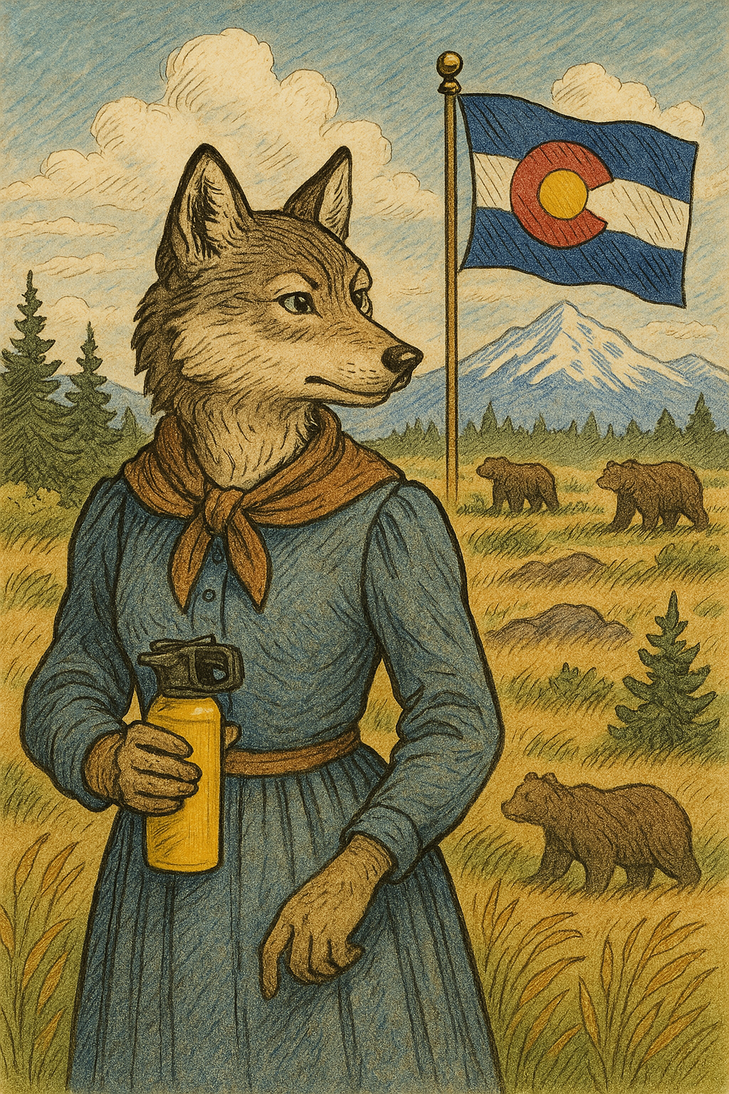 Victorian-style cartoon of an anthropomorphic wolf holding bear spray in a Colorado mountain landscape with the state flag and bears in the background.