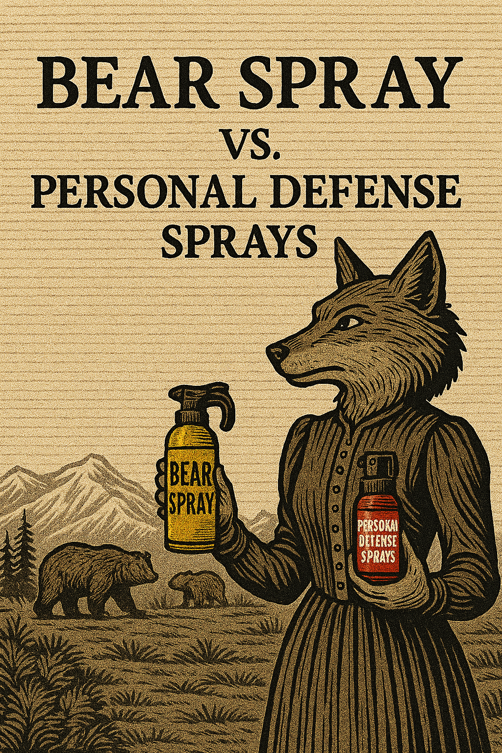 Vintage-style cartoon of an anthropomorphic fox holding bear spray and personal defense spray with urban buildings on one side and bears in the wilderness on the other.