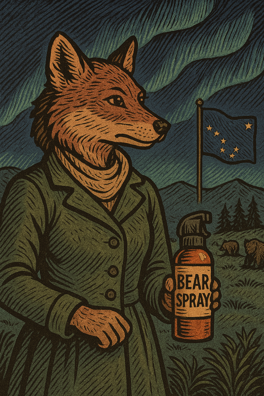 Vintage-style illustration of an anthropomorphic wolf holding bear spray in Alaska’s wilderness at night, with the Alaska flag and northern lights in the background.