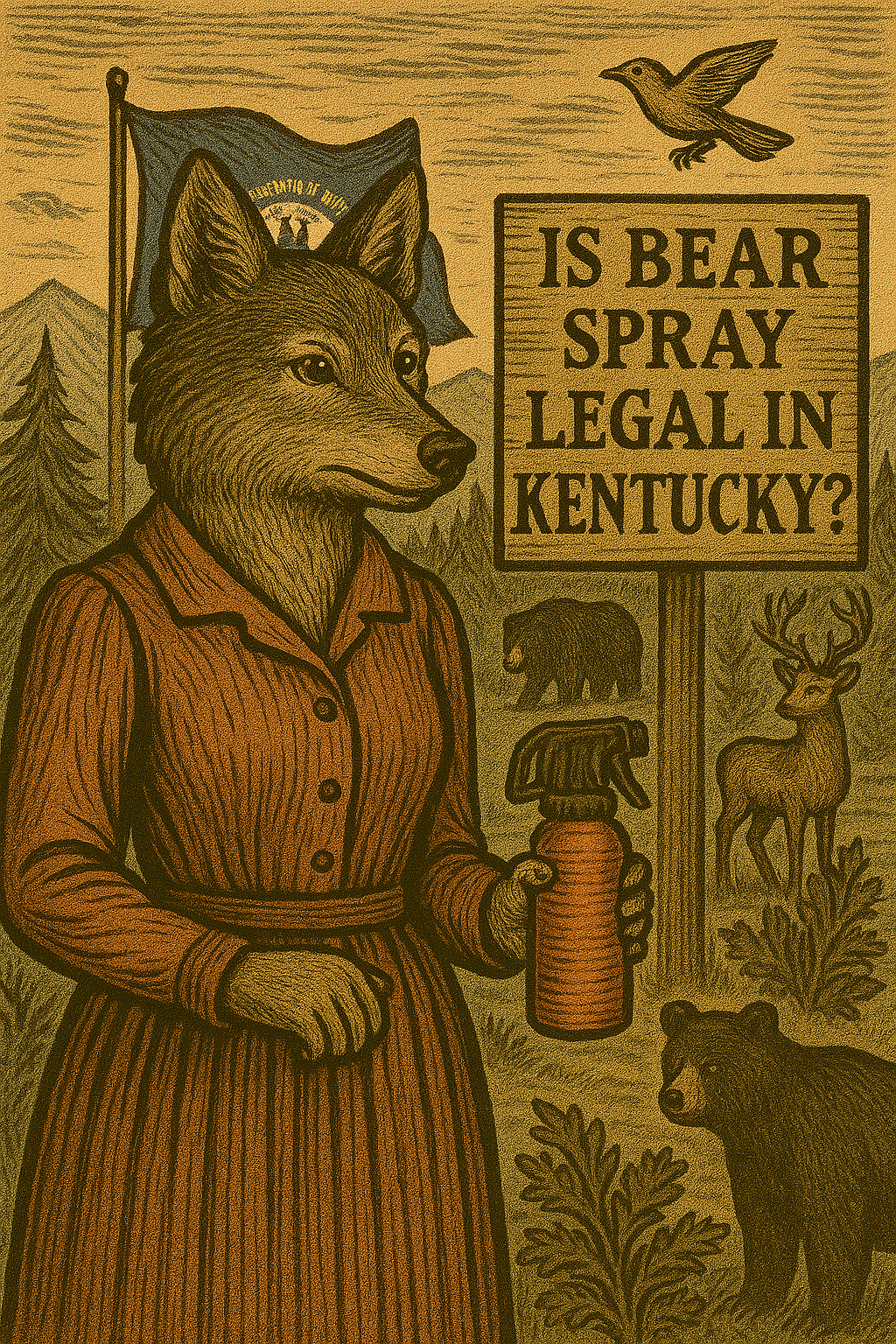 Victorian-style woodcut of an anthropomorphic wolf holding bear spray beside a “Is Bear Spray Legal in Kentucky?” sign, with the Kentucky state flag and black bears in the background.