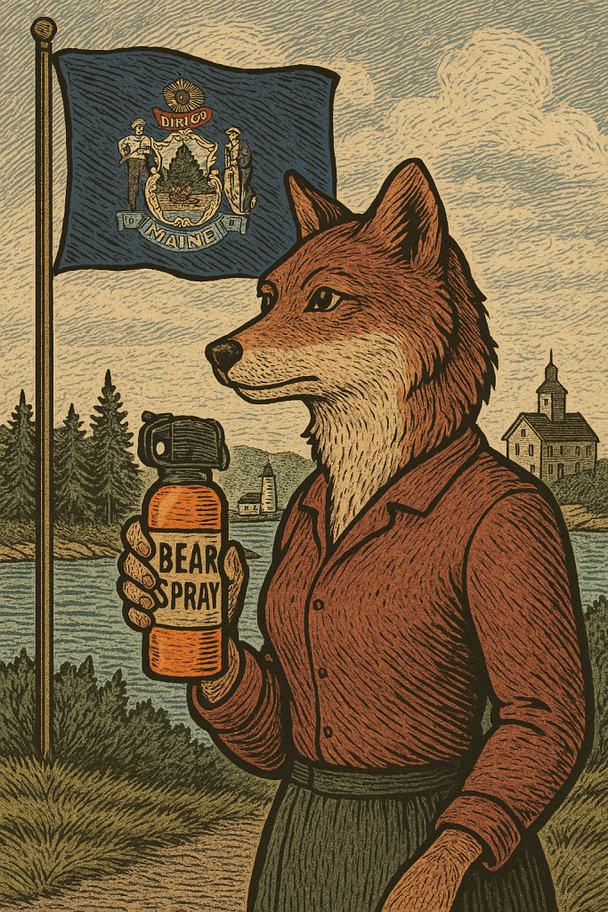Victorian-style cartoon of an anthropomorphic wolf holding bear spray in a forest landscape, with the Maine state flag and bears in the background.