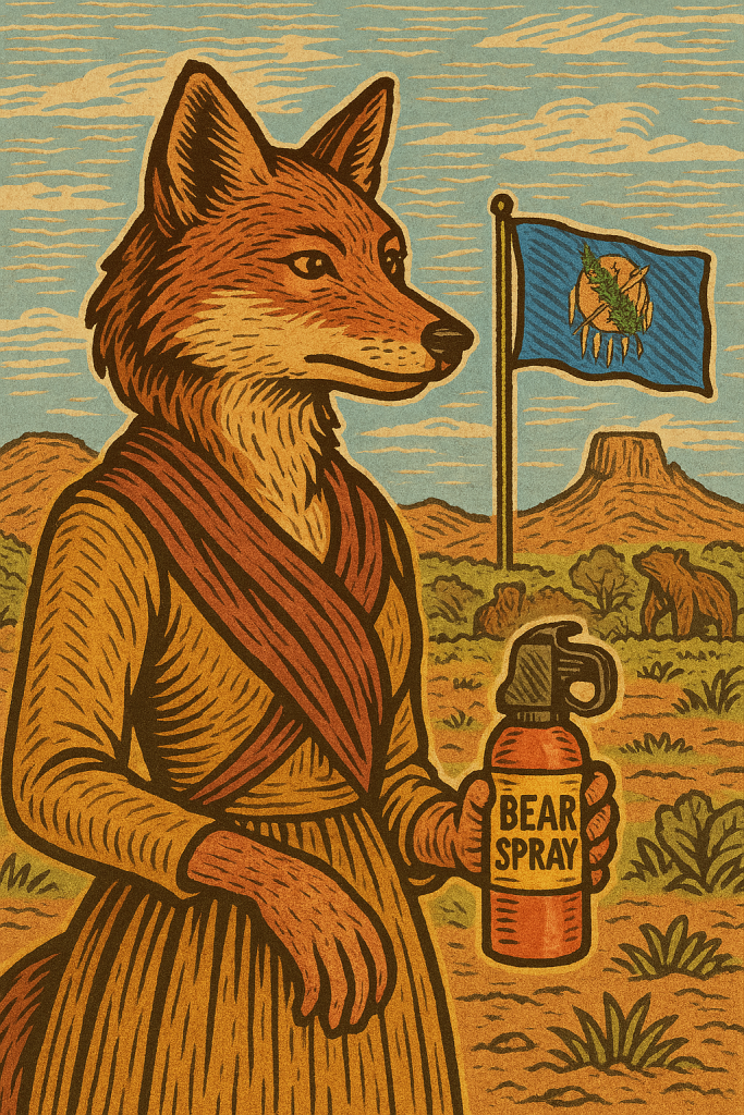 Victorian-style cartoon of an anthropomorphic wolf in an Oklahoma prairie holding bear spray, with bears in the distance and the Oklahoma state flag visible in the background.