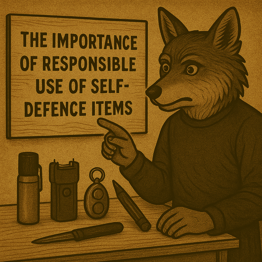 Anthropomorphic wolf pointing to a sign that reads “The Importance of Responsible Use of Self-Defence Items,” with pepper spray, a stun gun, a personal alarm, and a tactical pen on the table.